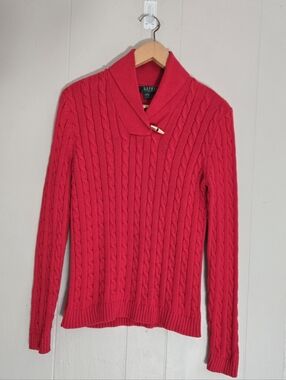 LAUREN Ralph Lauren Cable Knit Sweater Shawl Collar Red Preppy Quiet Luxury S P